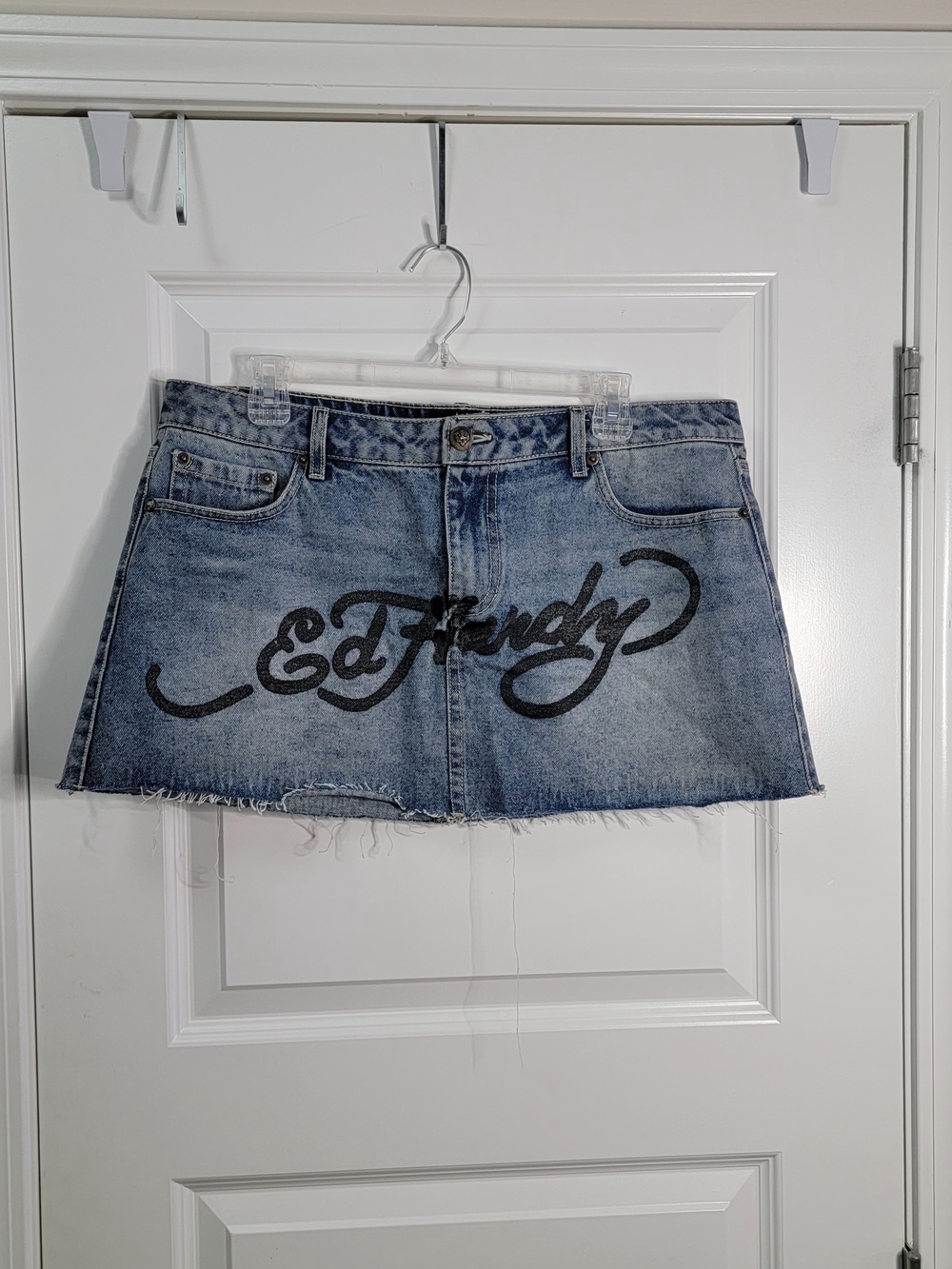 Ed Hardy Women Denim Mini Skirt Light Wash Y2K Style Vintage XL Distressed